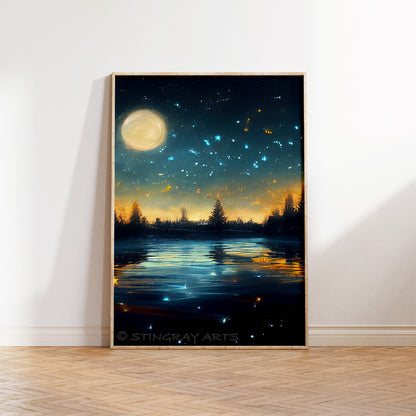 Moon & Stars Over A River Prints