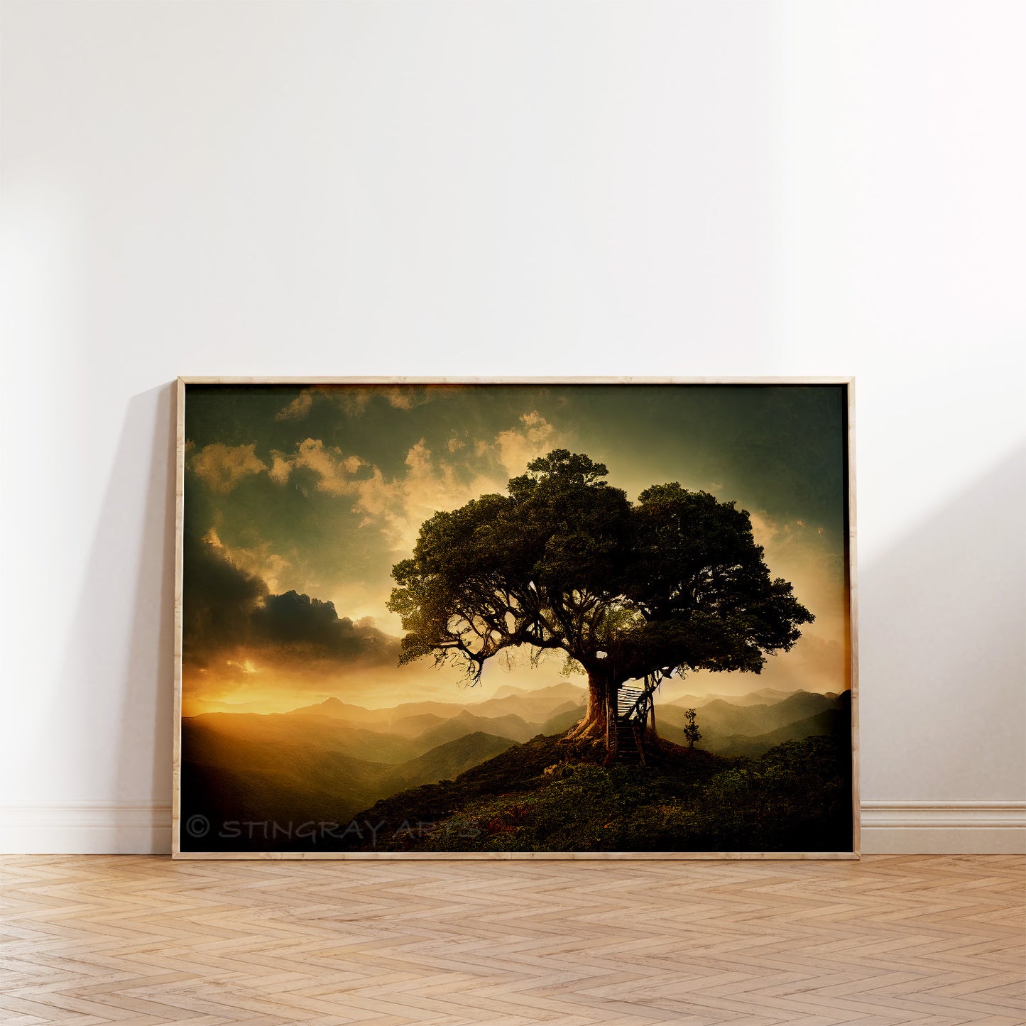 Tree On A Hill Sunset Prints