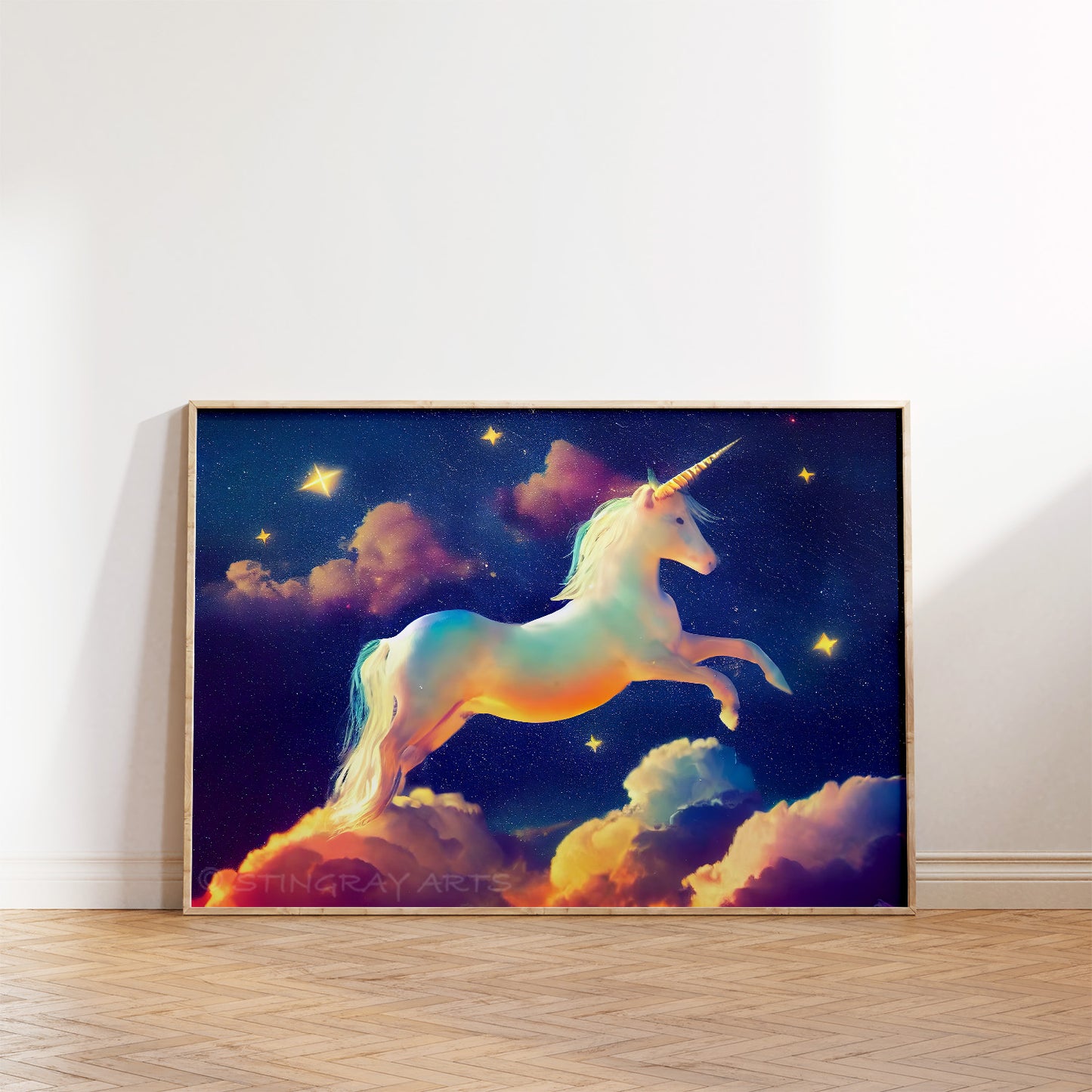 White Unicorn, Stars & Clouds Prints