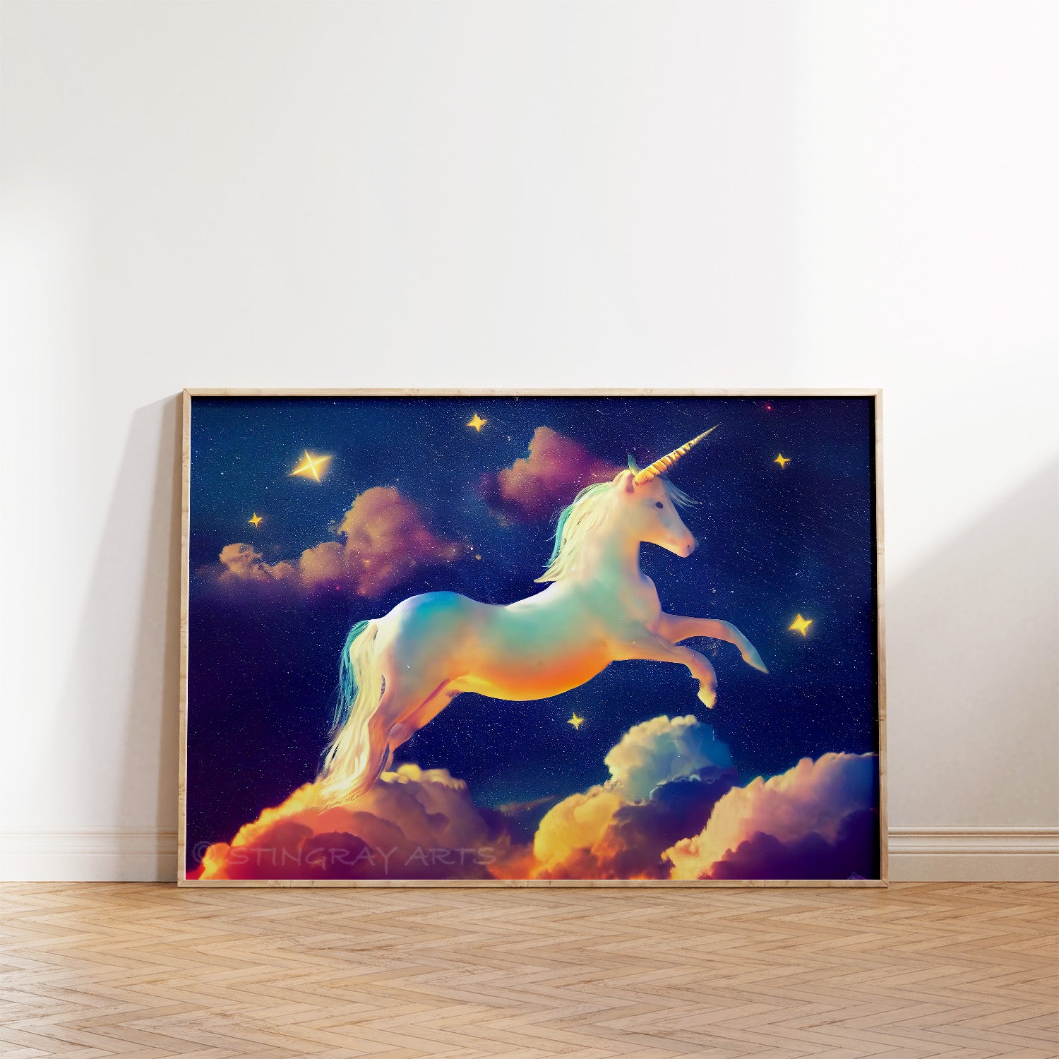 White Unicorn, Stars & Clouds Prints
