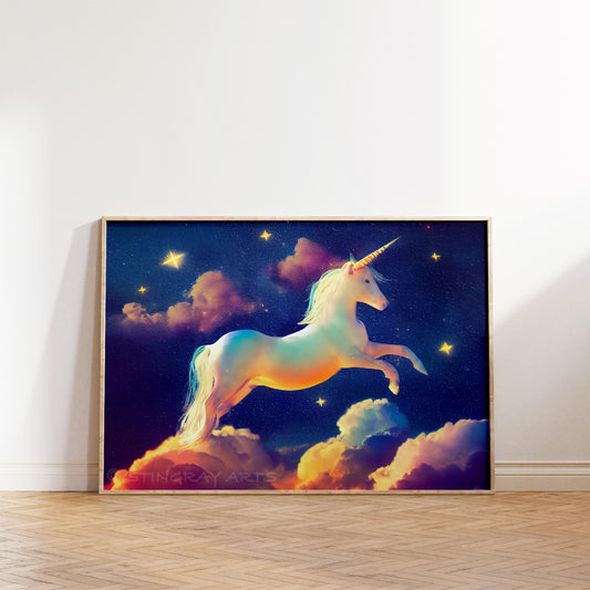 White Unicorn, Stars & Clouds Prints