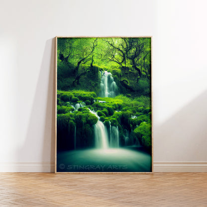 Cascading Waterfalls & Moss Forest Prints